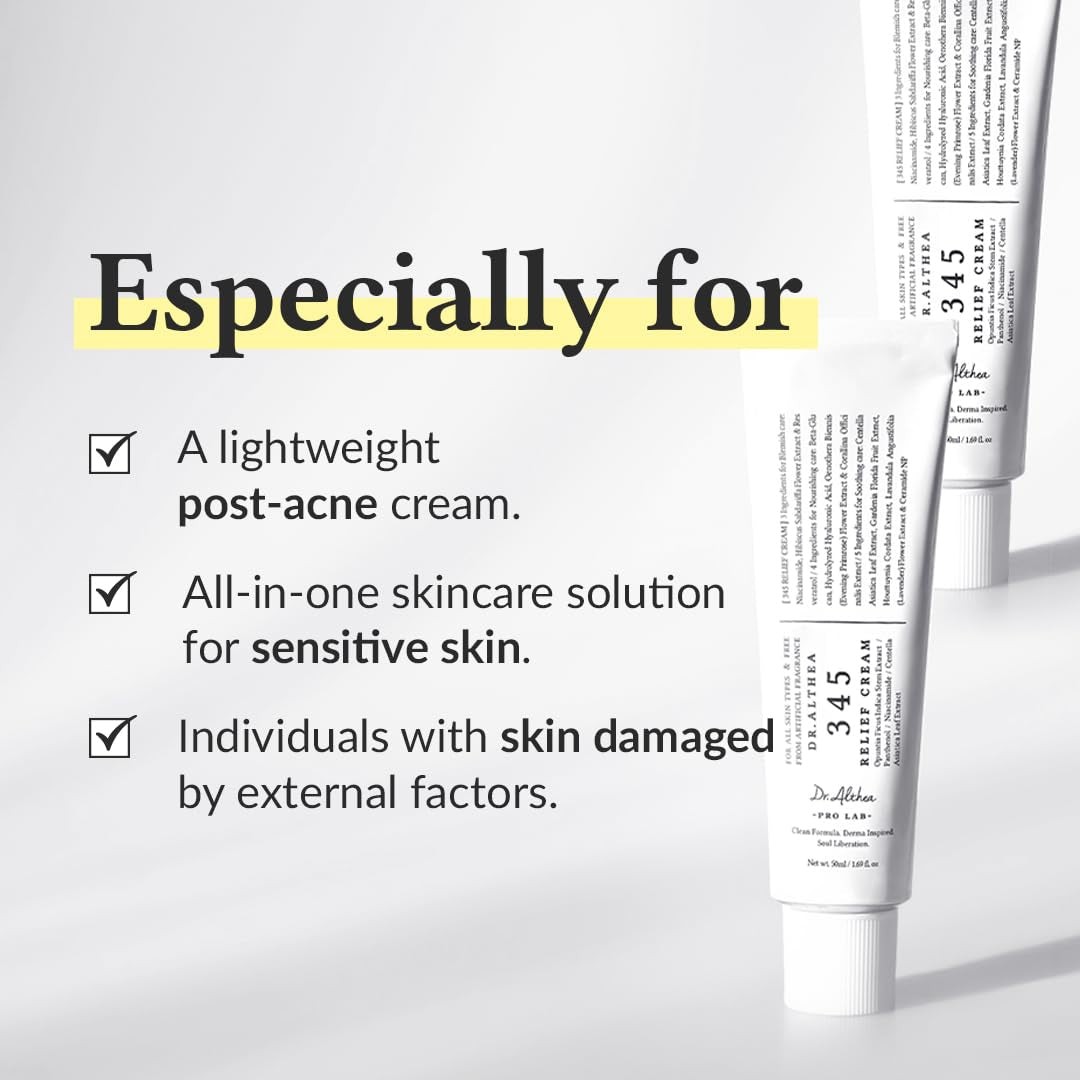 345 Relief Cream, Daily Face Moisturizer, Blemish Relief Care, Soothing Recovery & Moisture, Korean Vegan Skin Care for All Skin Types, 1.69 Fl Oz (Pack of 1)